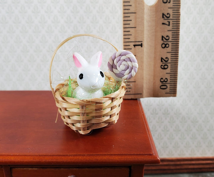 Dollhouse Easter Basket with Bunny and Lollipop Sucker 1:12 Scale Miniature - Miniature Crush