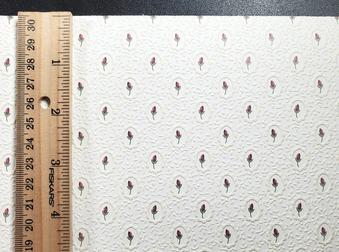 Dollhouse Embossed Wallpaper x3 Sheets Cameo Tulip White 1:12 Scale - MiniatureCrush
