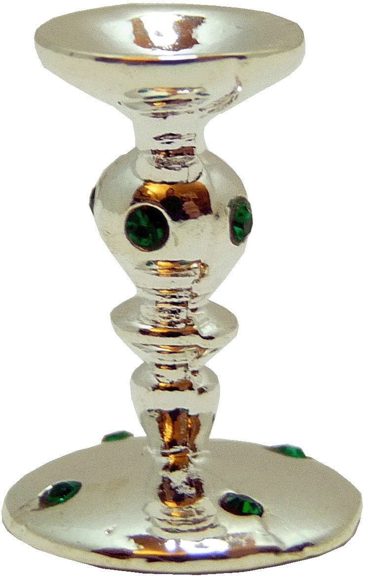 Dollhouse Emerald Encrusted Tall Candlestick Holder Silver 1:12 Scale Miniature - MiniatureCrush