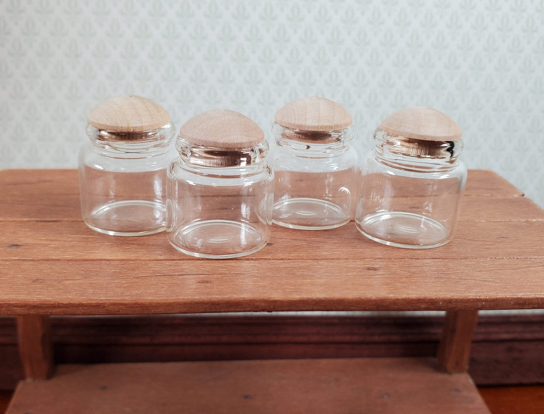 Dollhouse Empty Glass Jars Wide Mouth Wood Caps x4 Large 1:12 Scale Miniatures - Miniature Crush