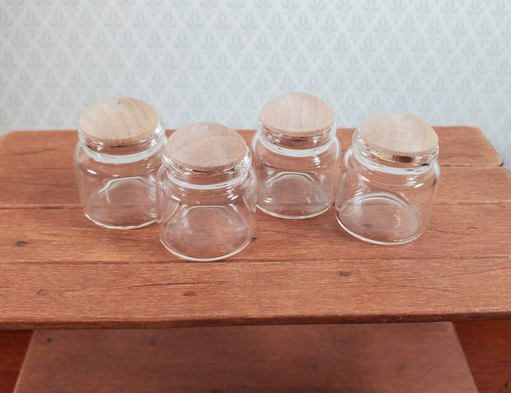 Dollhouse Empty Glass Jars Wide Mouth Wood Caps x4 Large 1:12 Scale Miniatures - Miniature Crush