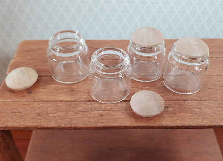 Dollhouse Empty Glass Jars Wide Mouth Wood Caps x4 Large 1:12 Scale Miniatures - Miniature Crush