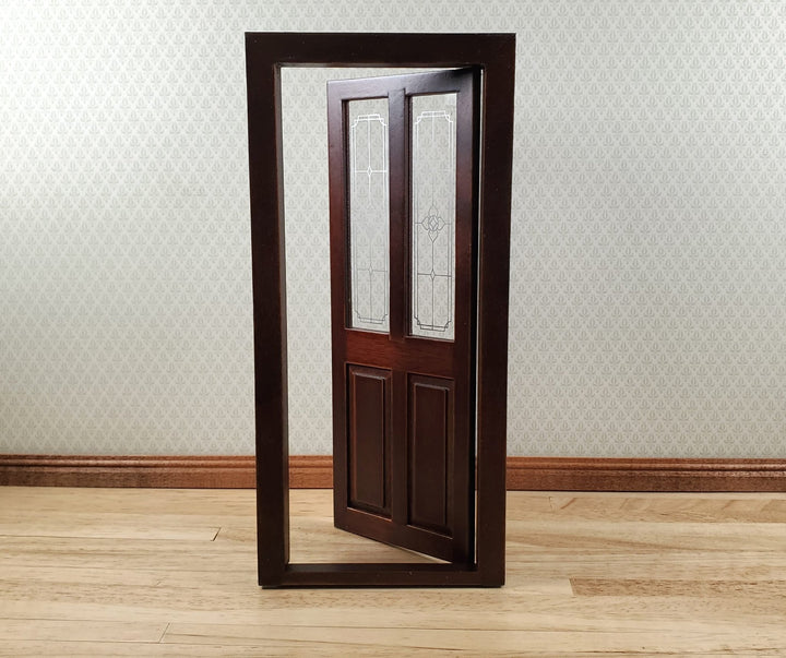 Dollhouse Exterior Front Door with Windows 1:12 Scale Miniature Walnut Finish - MiniatureCrush