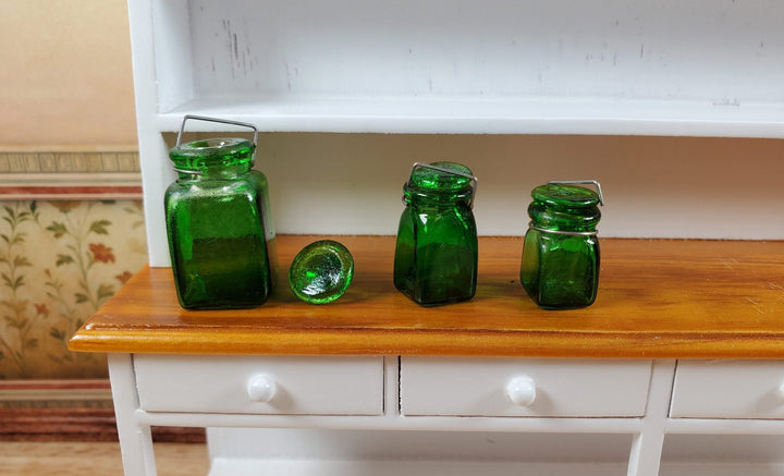 Dollhouse Extra Large Square Glass Canning Jars Set of 3 Green 1:12 Scale - MiniatureCrush