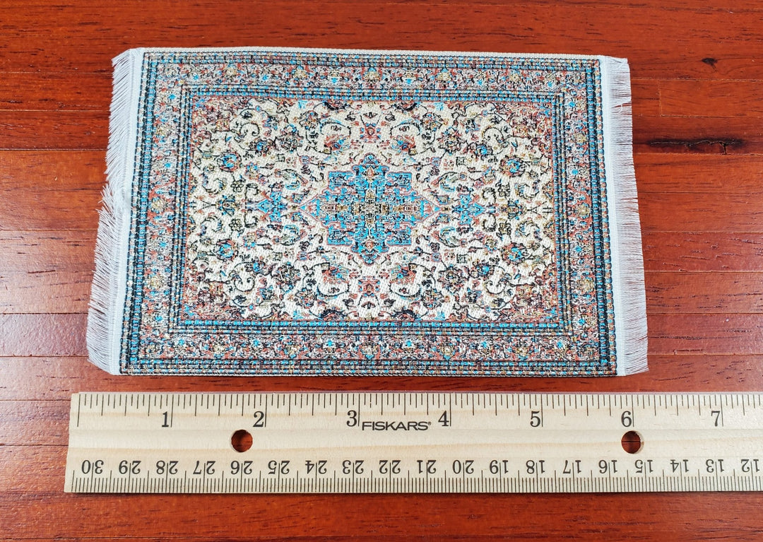 Dollhouse Fabric Rug Cream Blue & Gold 6" x 4" Woven Fabric 1:12 Scale - Miniature Crush