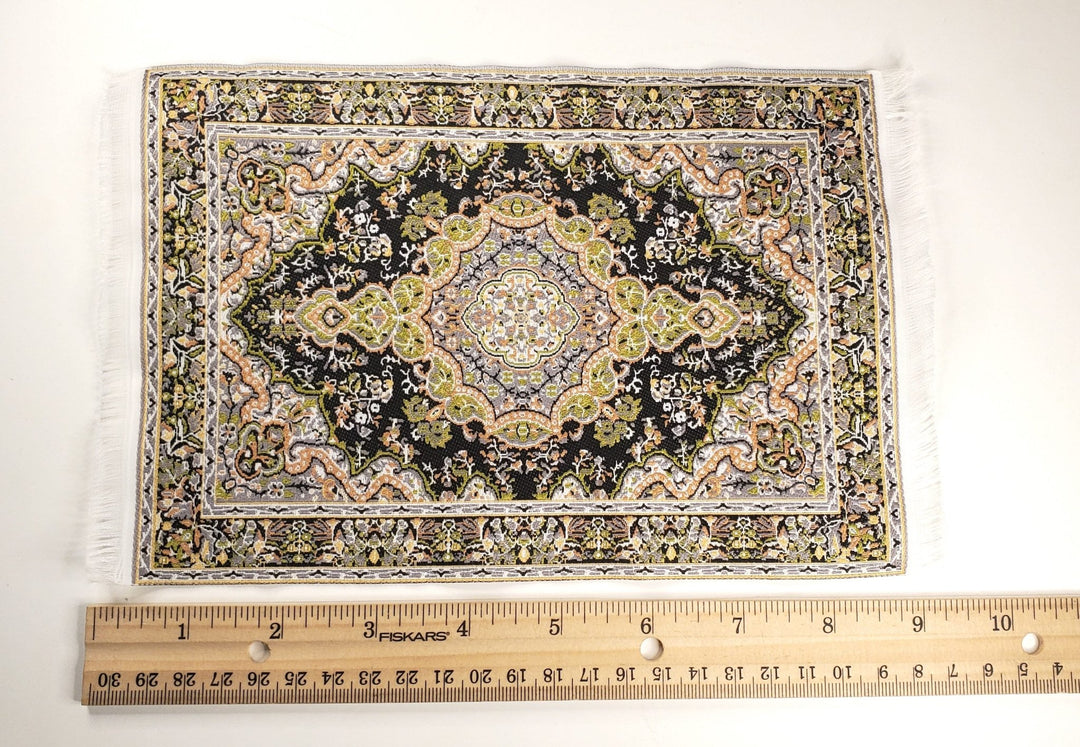 Dollhouse Fabric Rug Large Green Black 9 1/4" x 6" 1:12 Scale Miniature Carpet - Miniature Crush