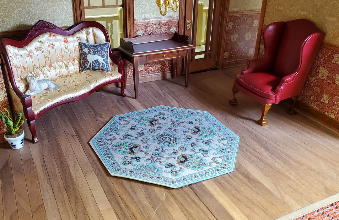 Dollhouse Fabric Rug Octagon Light Teal and White 1:12 Scale Miniature 5 3/4" - Miniature Crush