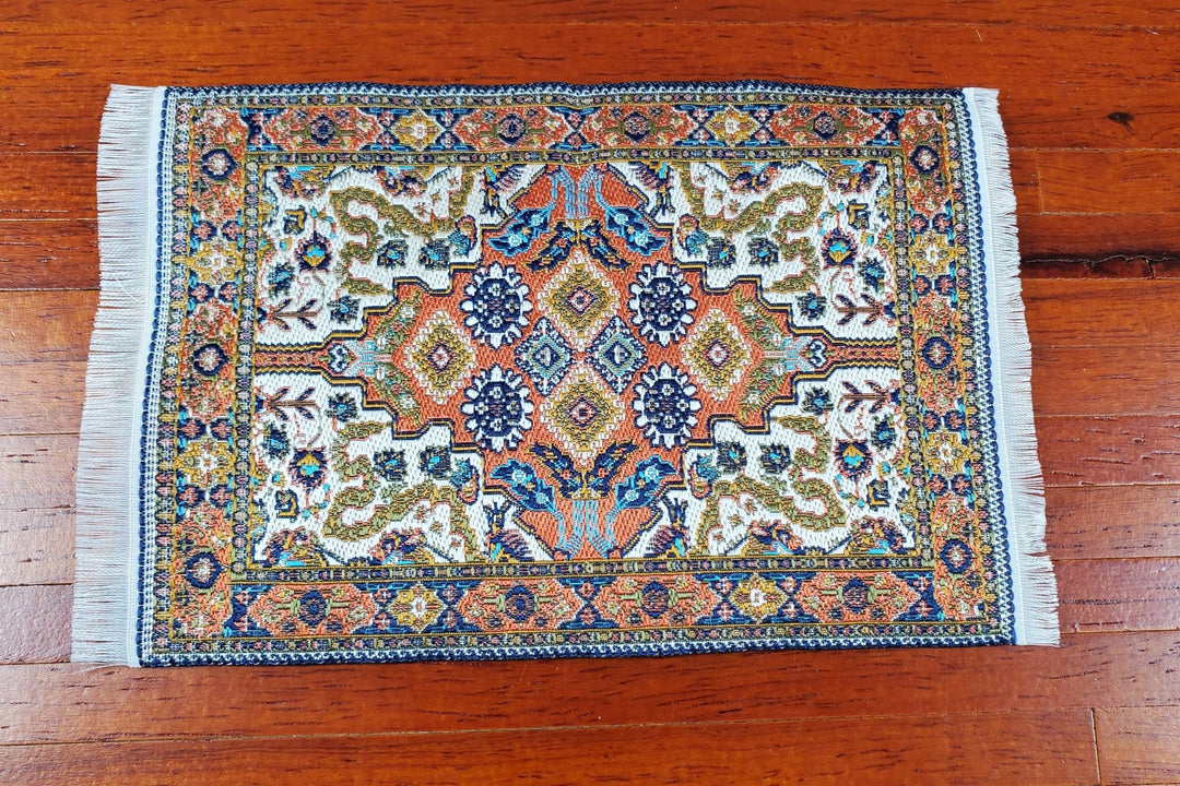 Dollhouse Fabric Rug Woven Rust Blue Gold 6" x 3 3/4" with Fringe 1:12 Scale - Miniature Crush