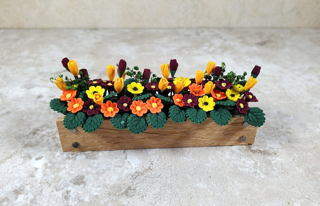 Dollhouse Fall Flowers in 3.25" Wooden Window Box Planter 1:12 Scale Miniature - MiniatureCrush