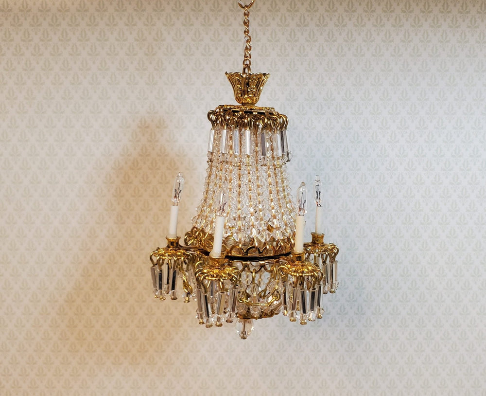 Dollhouse Fancy 6 Arm Grand Chandelier Real Glass Crystals 12 Volt 1:12 Scale - MiniatureCrush