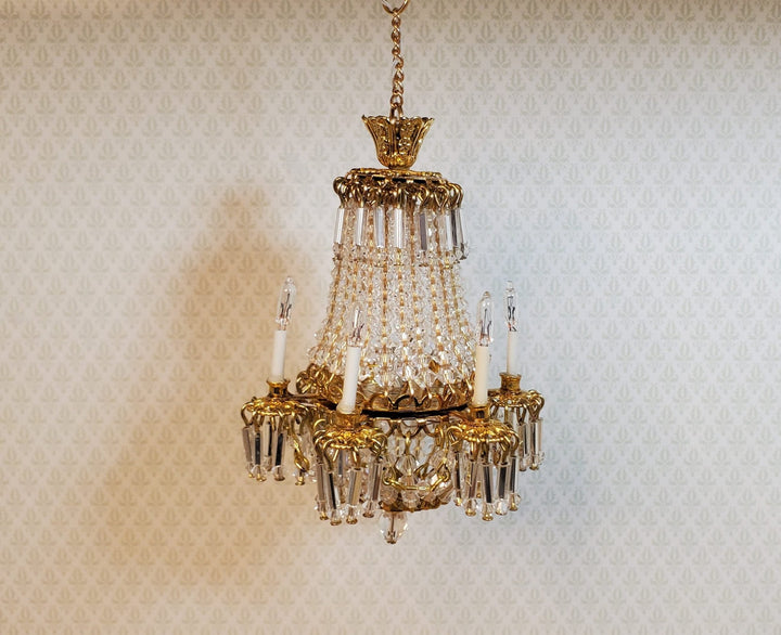 Dollhouse Fancy 6 Arm Grand Chandelier Real Glass Crystals 12 Volt 1:12 Scale - MiniatureCrush