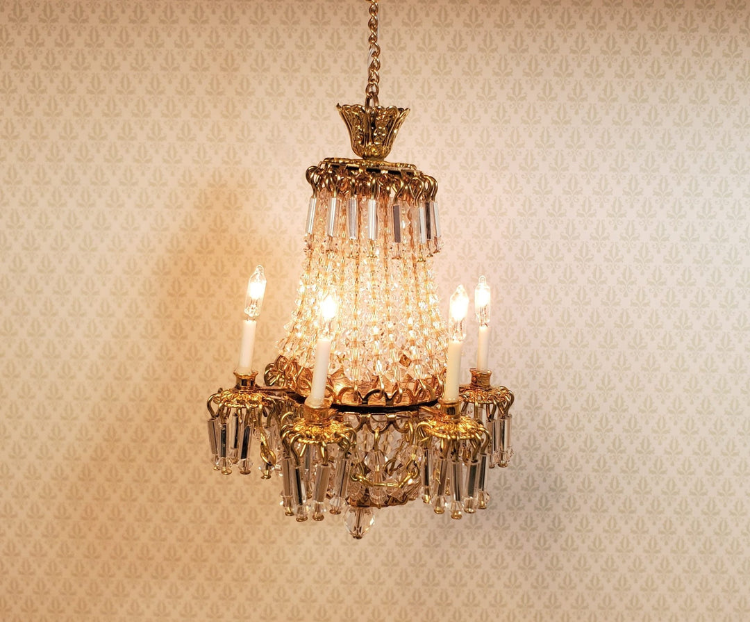Dollhouse Fancy 6 Arm Grand Chandelier Real Glass Crystals 12 Volt 1:12 Scale - MiniatureCrush