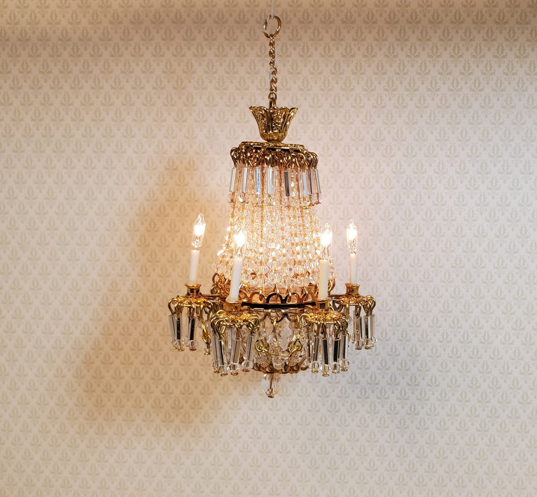 Dollhouse Fancy 6 Arm Grand Chandelier Real Glass Crystals 12 Volt 1:12 Scale - MiniatureCrush