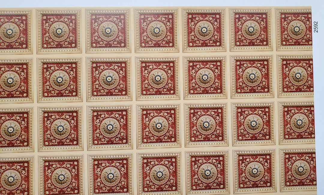 Dollhouse Faux Tin Ceiling Wallpaper (flat) Gold Red/Orange 1:12 Scale Itsy Bitsy - Miniature Crush