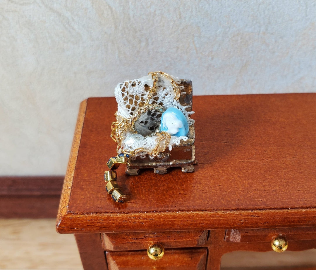 Dollhouse Filled Jewelry Chest Victorian Style 1:12 Scale Miniature Handmade - MiniatureCrush