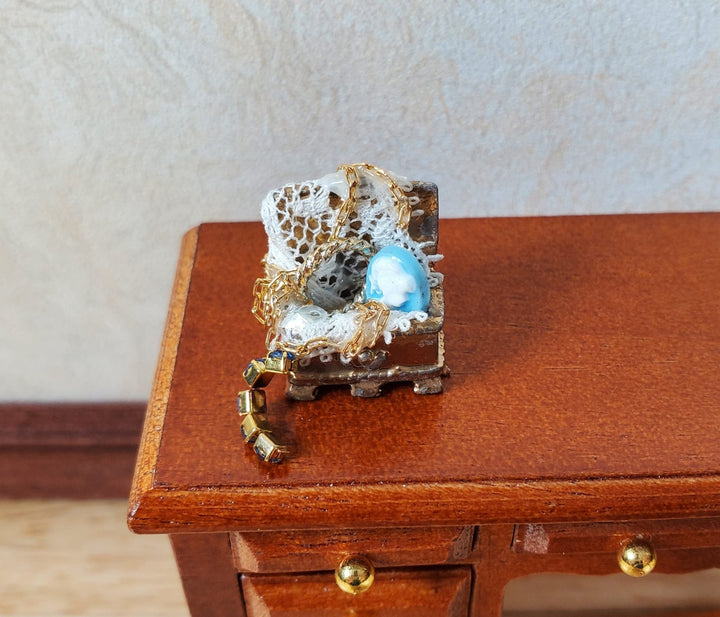 Dollhouse Filled Jewelry Chest Victorian Style 1:12 Scale Miniature Handmade - MiniatureCrush