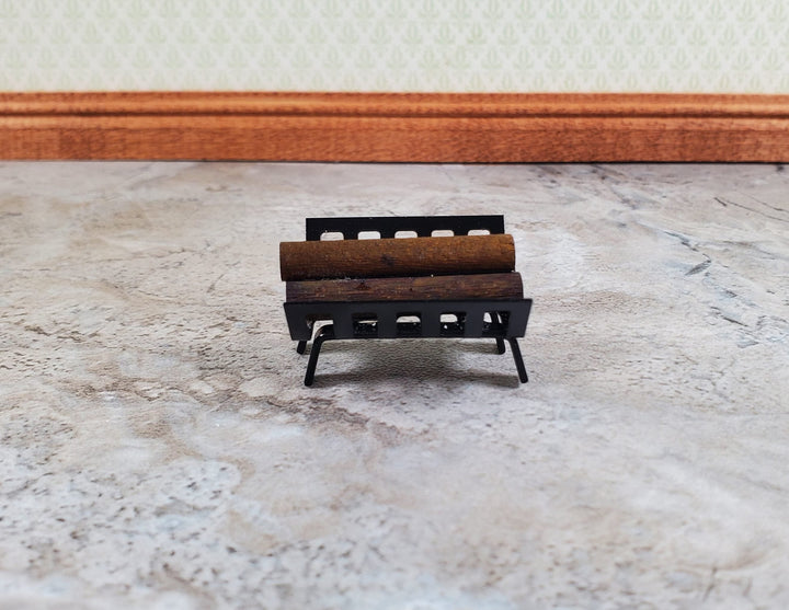 Dollhouse Fireplace Log Grate with Logs Rack Small Black Metal 1:12 Scale - MiniatureCrush