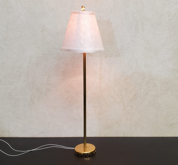 Dollhouse Floor Lamp Embossed White on White Shade 12 Volt Wired 1:12 Miniature - MiniatureCrush