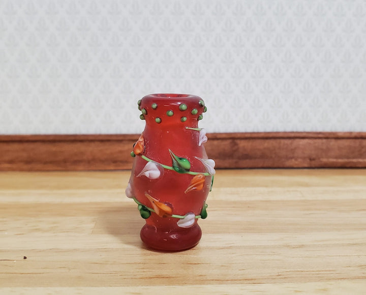 Dollhouse Floor Vase Red Fused with Leaves Use in 1:12 or 1/6 Scale Miniature - MiniatureCrush