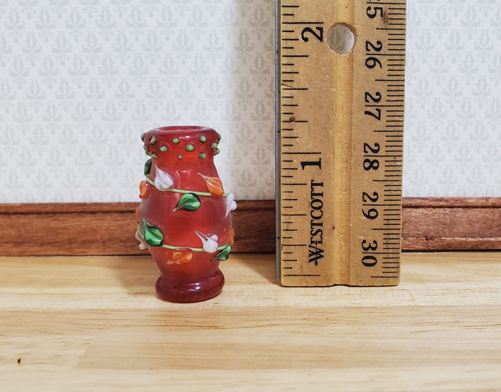 Dollhouse Floor Vase Red Fused with Leaves Use in 1:12 or 1/6 Scale Miniature - MiniatureCrush