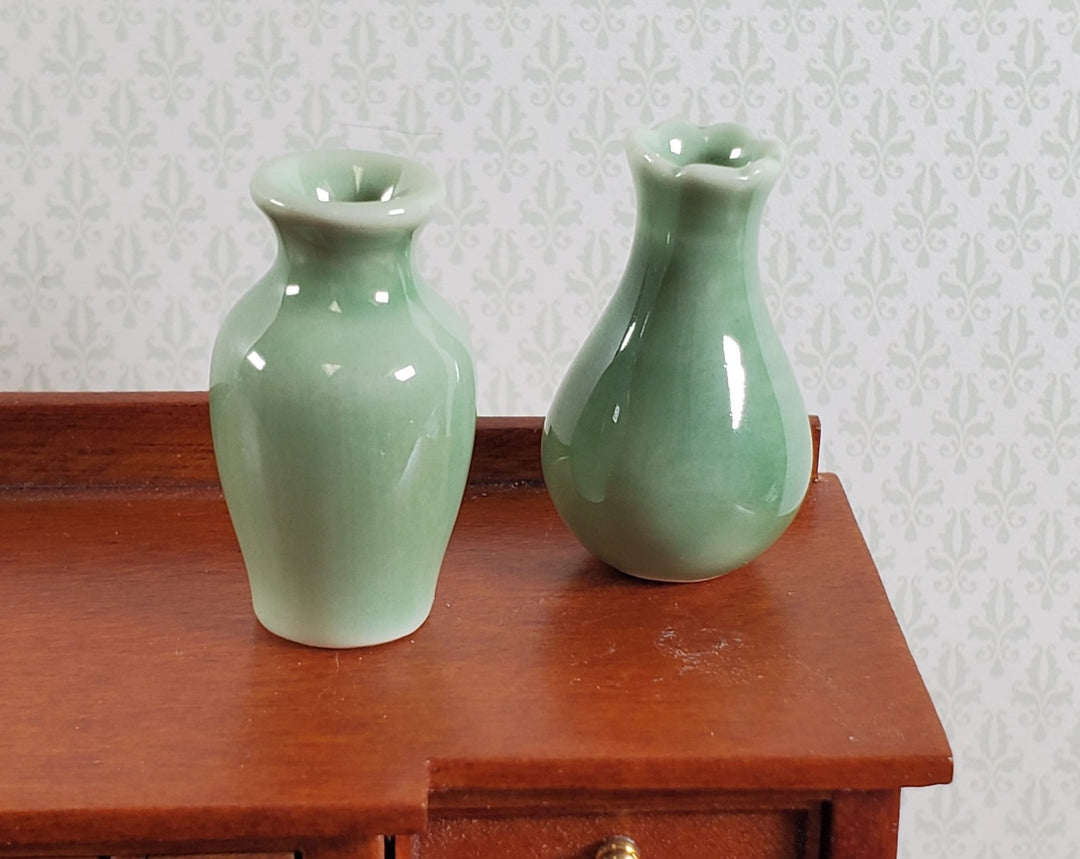 Dollhouse Flower Vases Sage Green Ceramic Set of 2 Modern 1:12 Scale Miniatures - Miniature Crush