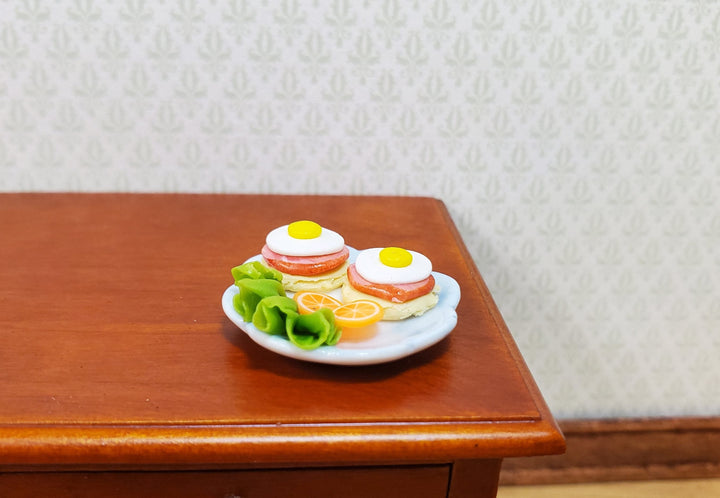 Dollhouse Fried Eggs on Ham & Muffin on a Ceramic Plate 1:12 Scale Miniature - MiniatureCrush
