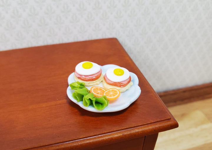 Dollhouse Fried Eggs on Ham & Muffin on a Ceramic Plate 1:12 Scale Miniature - MiniatureCrush