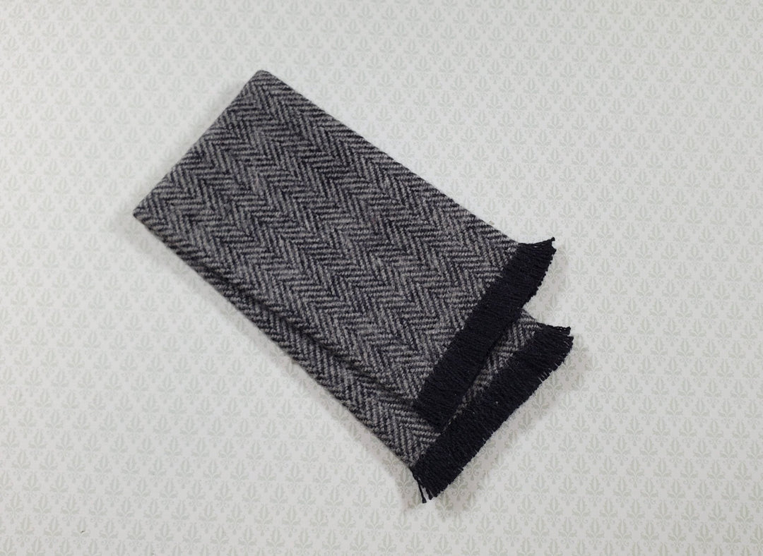 Dollhouse Fringed Blanket Throw Black & White Herringbone Fabric - MiniatureCrush