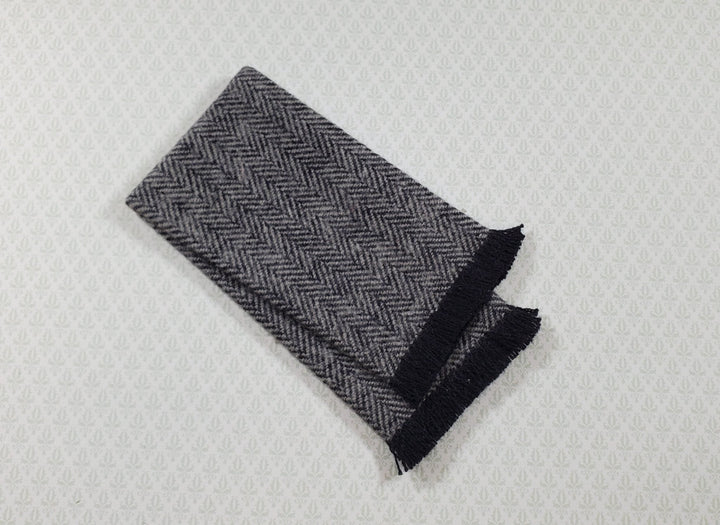 Dollhouse Fringed Blanket Throw Black & White Herringbone Fabric - MiniatureCrush