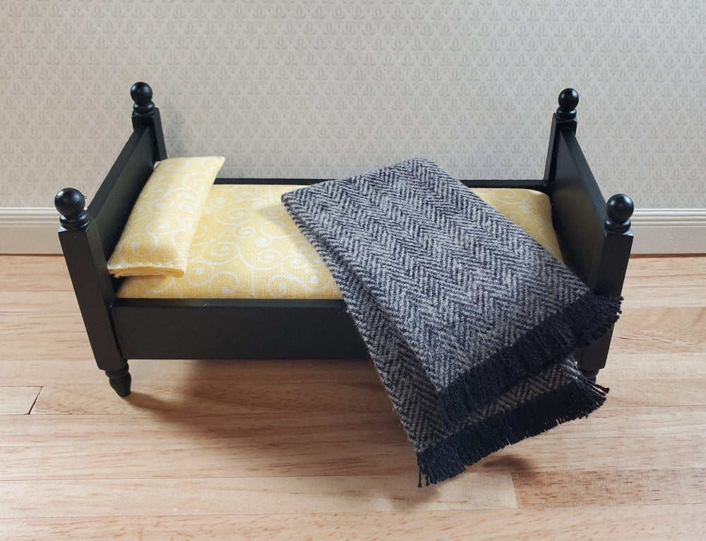 Dollhouse Fringed Blanket Throw Black & White Herringbone Fabric - MiniatureCrush
