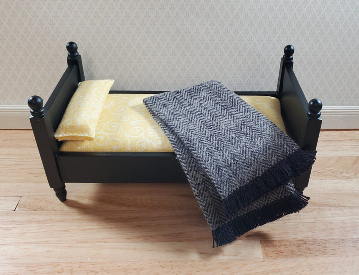Dollhouse Fringed Blanket Throw Black & White Herringbone Fabric - MiniatureCrush