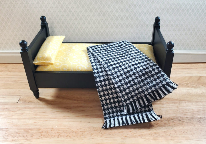 Dollhouse Fringed Blanket Throw Black & White Houndstooth Fabric - MiniatureCrush