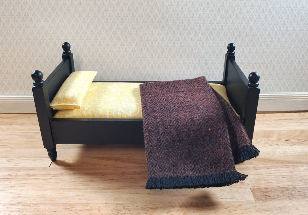 Dollhouse Fringed Blanket Throw Chocolate & Black Herringbone Fabric - MiniatureCrush