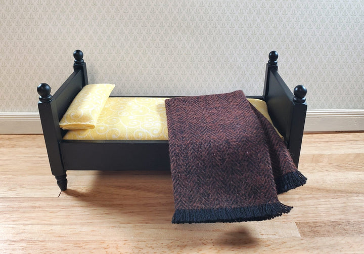 Dollhouse Fringed Blanket Throw Chocolate & Black Herringbone Fabric - MiniatureCrush