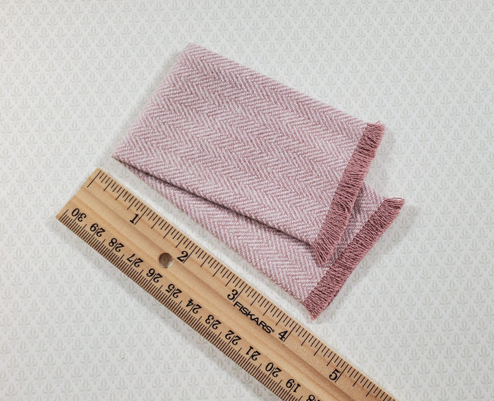 Dollhouse Fringed Blanket Throw Pink Blush & White Herringbone Fabric - MiniatureCrush