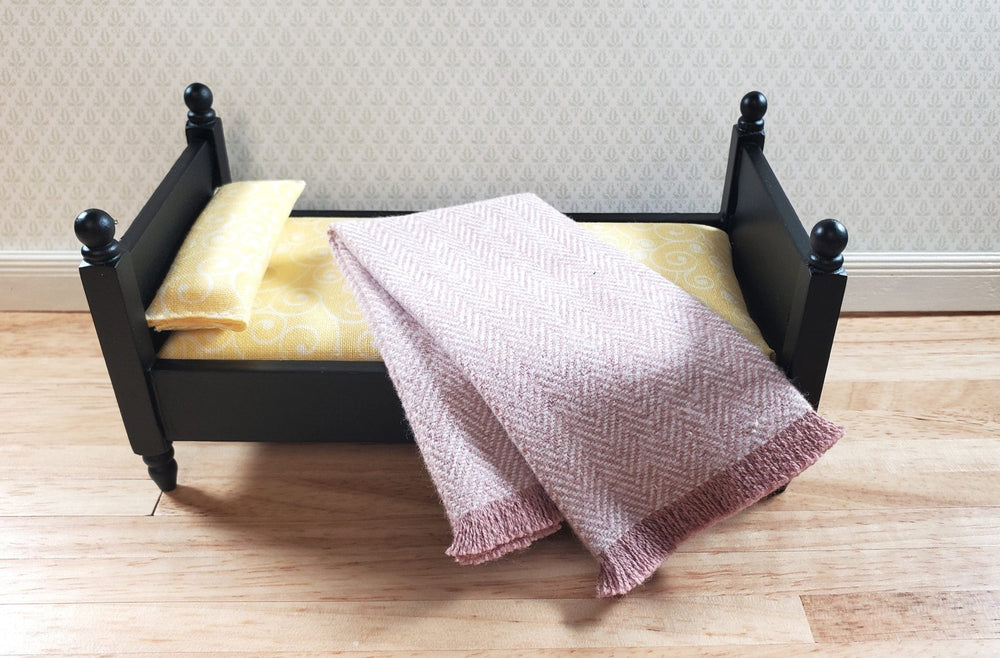 Dollhouse Fringed Blanket Throw Pink Blush & White Herringbone Fabric - MiniatureCrush