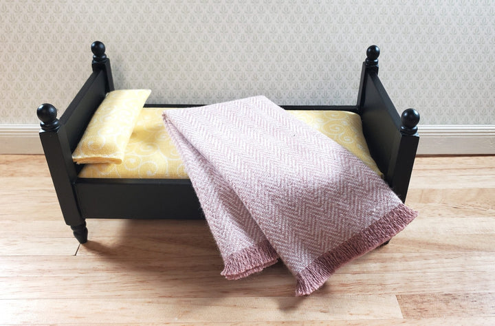 Dollhouse Fringed Blanket Throw Pink Blush & White Herringbone Fabric - MiniatureCrush