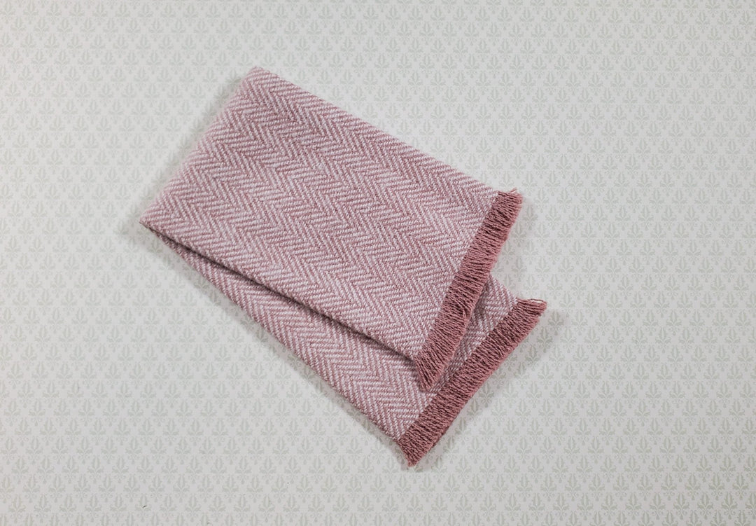 Dollhouse Fringed Blanket Throw Pink Blush & White Herringbone Fabric - MiniatureCrush