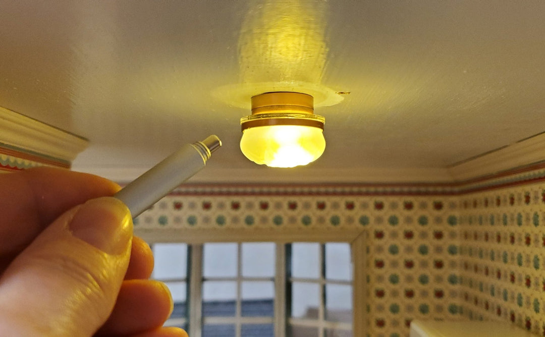 Dollhouse Frosted Ceiling Light Round Copper Wand Battery 1:12 Scale Miniature - MiniatureCrush