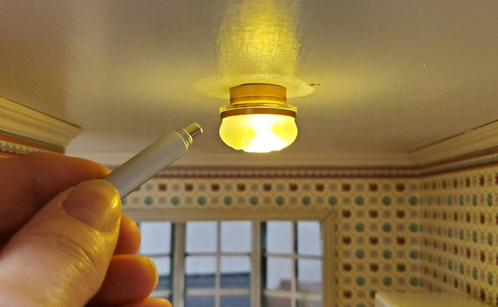 Dollhouse Frosted Ceiling Light Round Copper Wand Battery 1:12 Scale Miniature - MiniatureCrush
