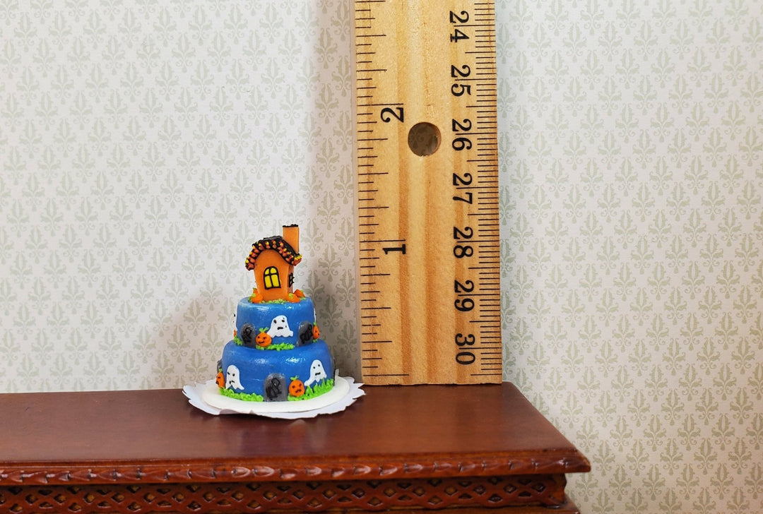 Dollhouse Ghostly Haunt 3 Tier Halloween Cake 1:12 Scale Miniature Dessert - MiniatureCrush