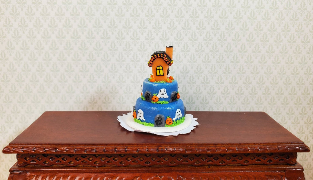 Dollhouse Ghostly Haunt 3 Tier Halloween Cake 1:12 Scale Miniature Dessert - MiniatureCrush
