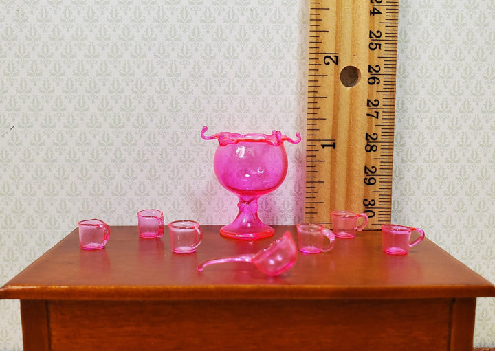 Dollhouse Glass Punch Bowl with Cups & Ladle Pink 1:12 Scale Miniature Kitchen - MiniatureCrush