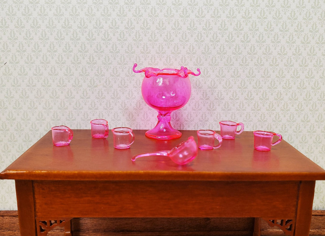 Dollhouse Glass Punch Bowl with Cups & Ladle Pink 1:12 Scale Miniature Kitchen - MiniatureCrush