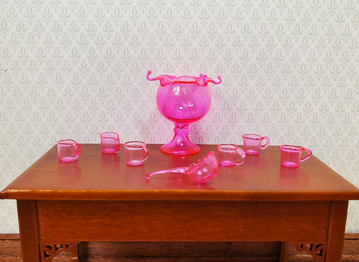 Dollhouse Glass Punch Bowl with Cups & Ladle Pink 1:12 Scale Miniature Kitchen - MiniatureCrush