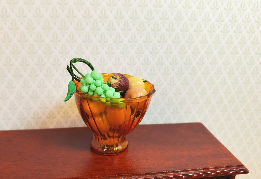 Dollhouse Glass Ribbed Pedestal Bowl Amber Color 1:12 Scale Miniature Decor - MiniatureCrush