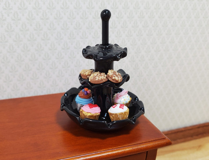 Dollhouse Glass Tiered Serving Tray for Treats Black Glass 1:12 Scale Miniature - MiniatureCrush