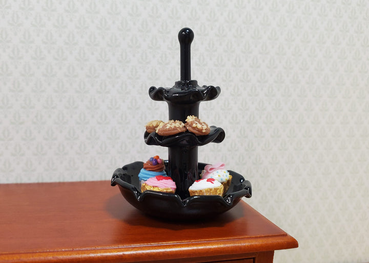 Dollhouse Glass Tiered Serving Tray for Treats Black Glass 1:12 Scale Miniature - MiniatureCrush