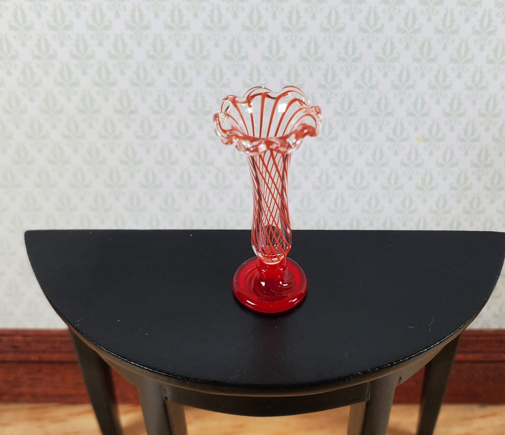 Dollhouse Glass Vase Clear with Red Swirls Hand Blown Glass 1:12 Scale Miniature - Miniature Crush