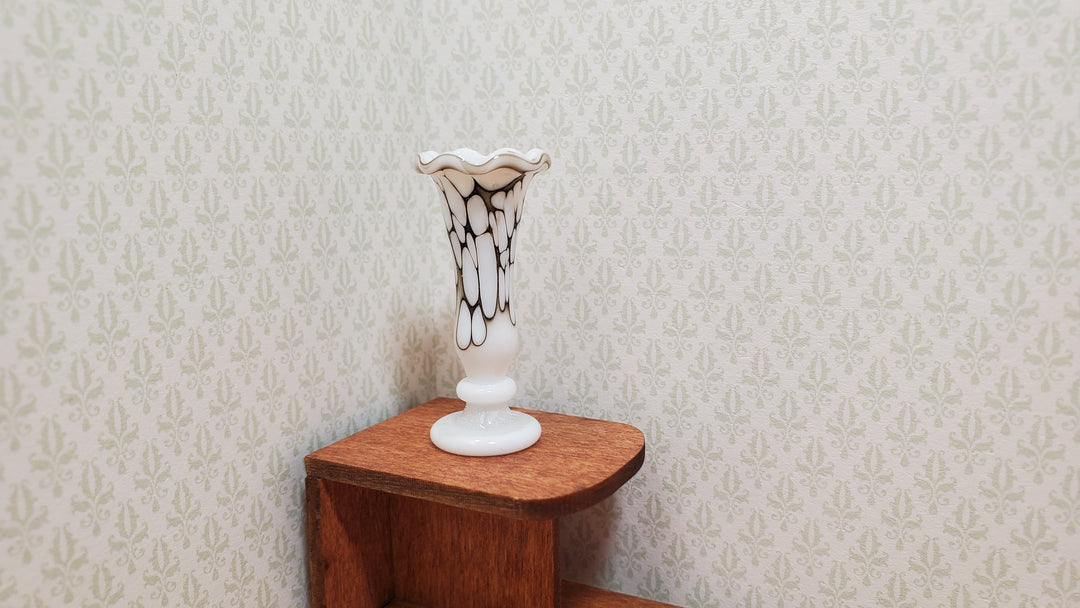Dollhouse Glass Vase White Smoky Black Swirls Handmade 1:12 Scale - MiniatureCrush